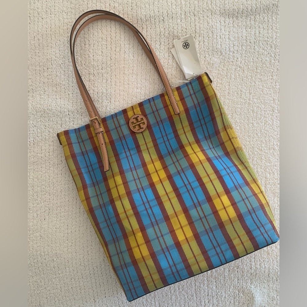 Tory Burch Emerson Mesh Market Tote Yellow Blue Beach Shoulder Bag - NWT
